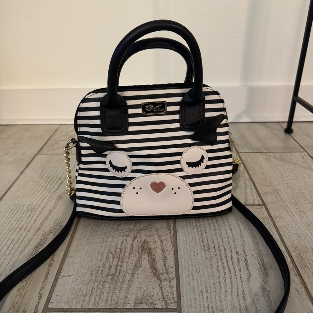Betsey Johnson Luv Satchel Tote Bag Crossbody‎ Black & White Puppy Striped Purse
